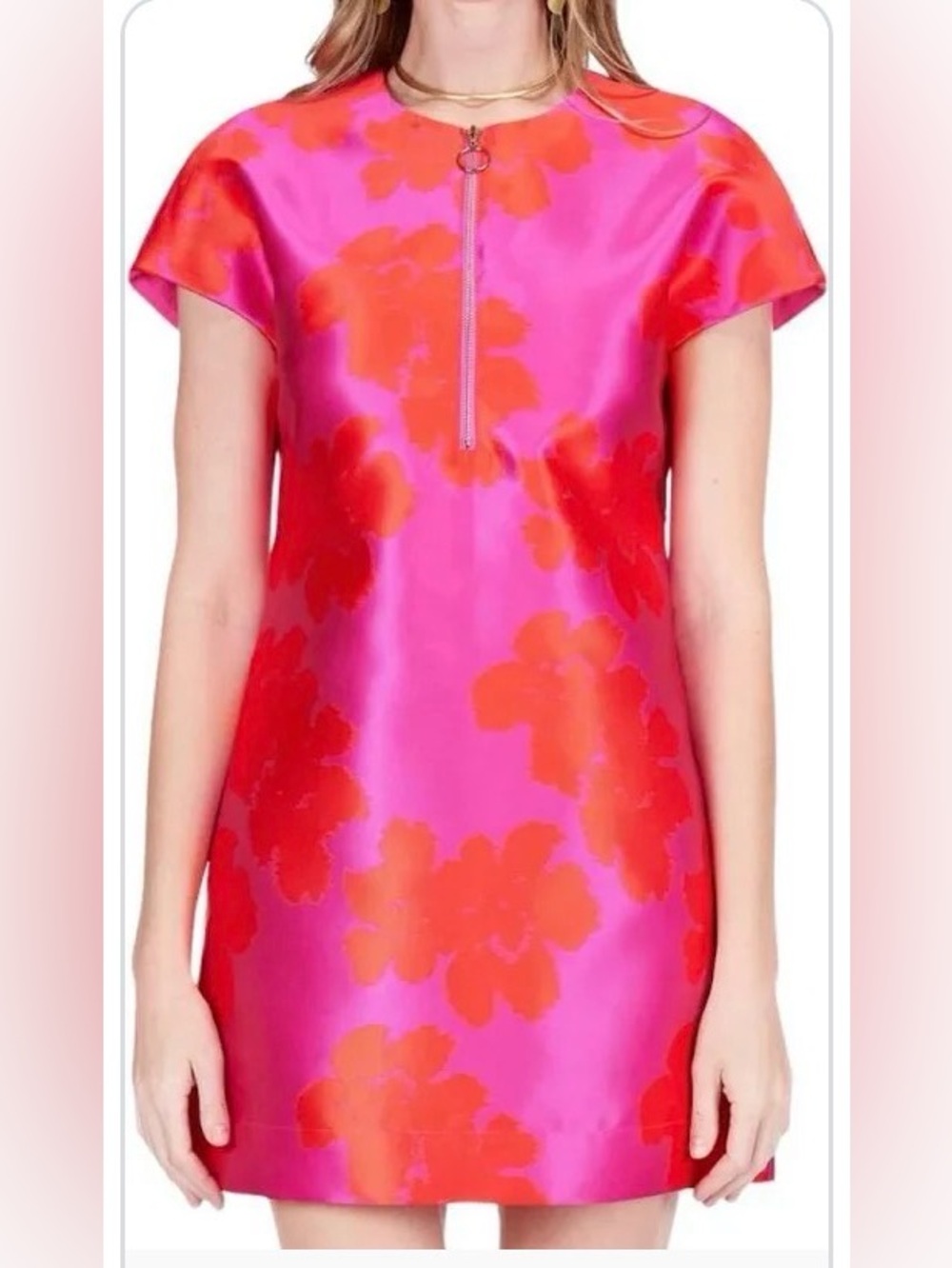 Jade Hot Pink Shift Dress with Red Floral Print
